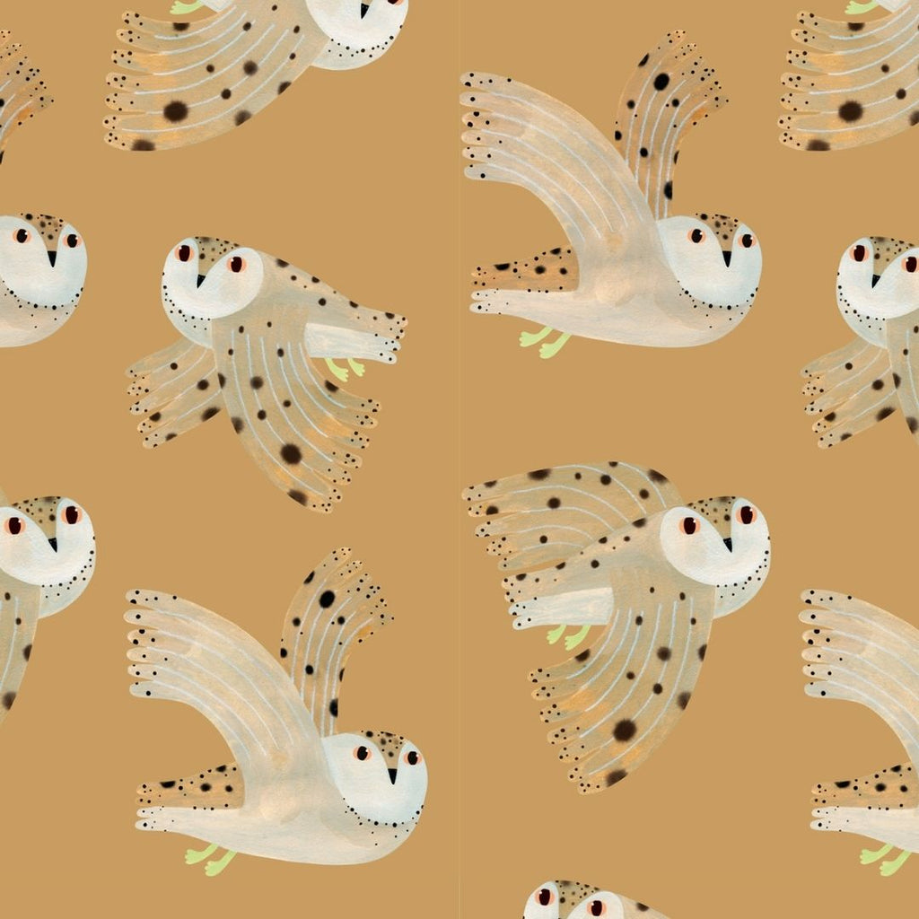 Behangstaal Meet me at the Wall - Owl - Dusty Yellow - Aniek Bartels