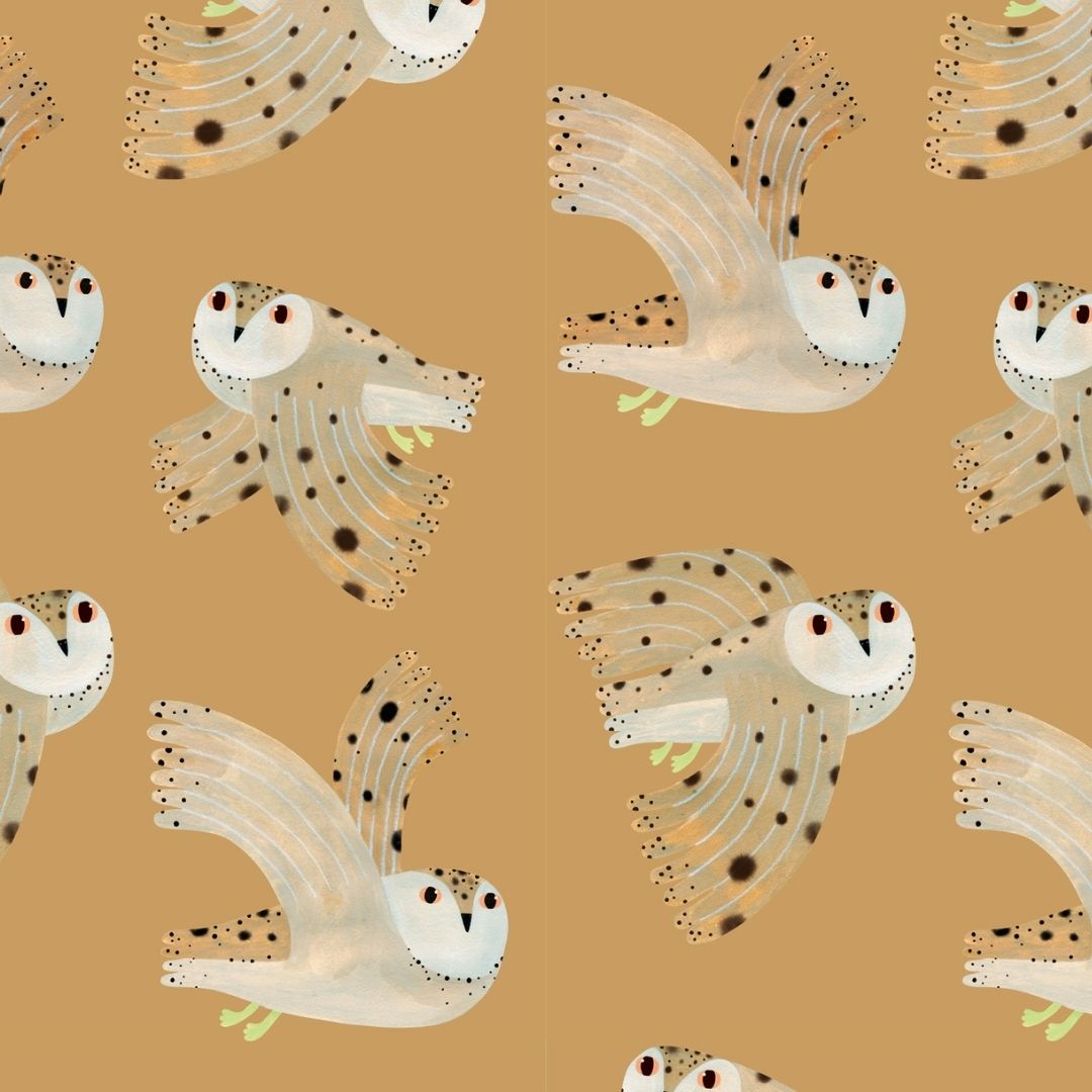 Behangstaal Meet me at the Wall - Owl - Dusty Yellow - Aniek Bartels