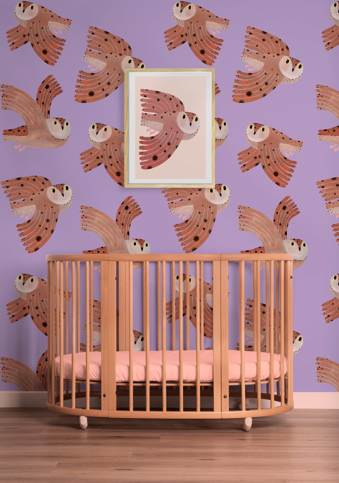Kinderbehang Meet me at the Wall - Owl - Lilac - Aniek Bartels